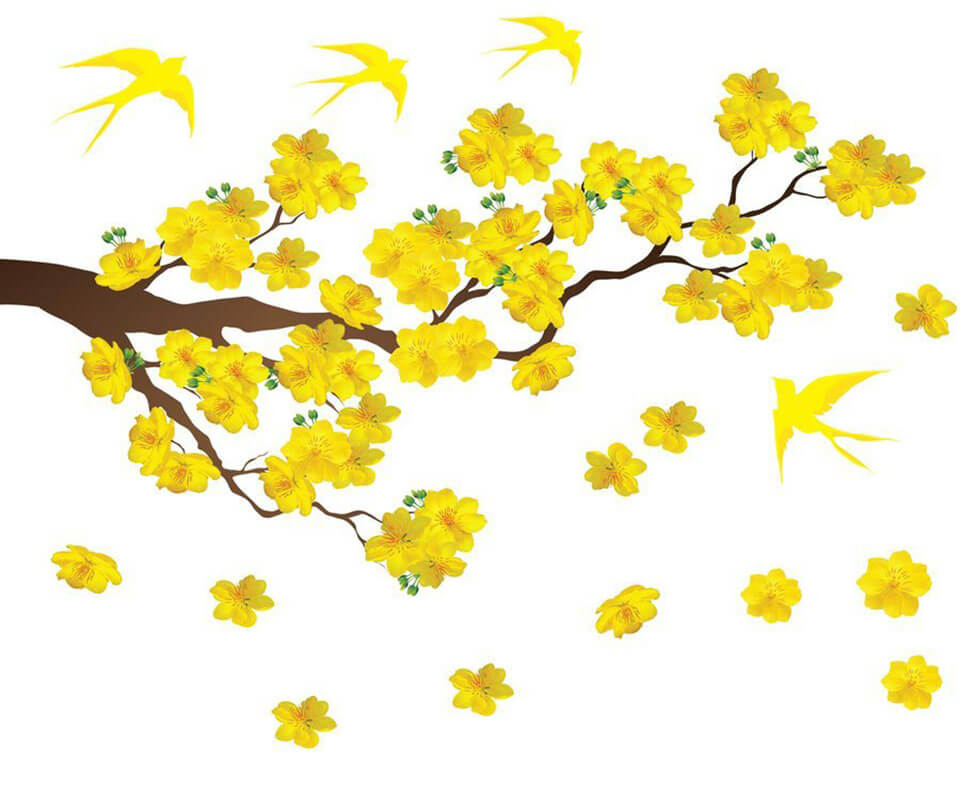 Aufkleber mit gelben Pflaumen und Schwalben zur Begrüßung des Frühlings 2