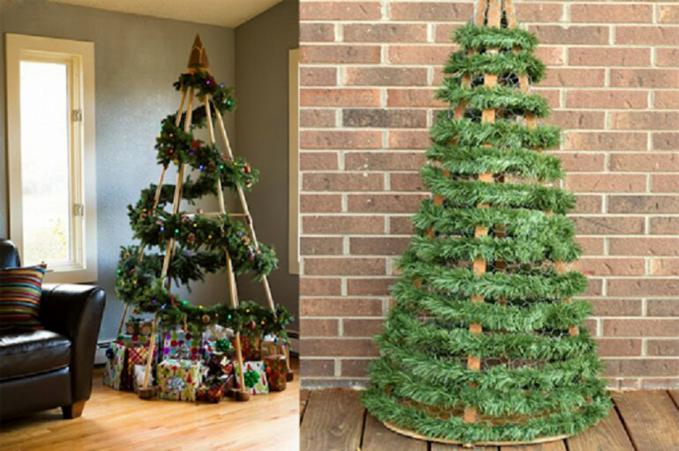 Dùng cây gỗ kết hợp với dây kim tuyến, bạn sẽ có được cây thông Noel theo ý thích