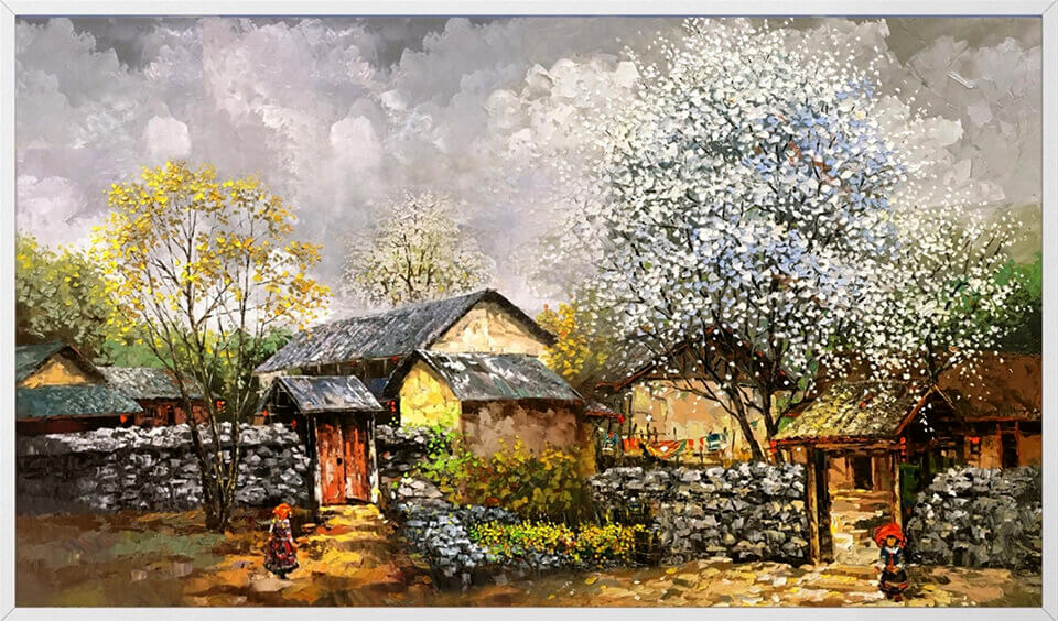 Bức tranh cảnh đẹp làng quê mùa lúa chín vẽ sơn dầu Amia 246